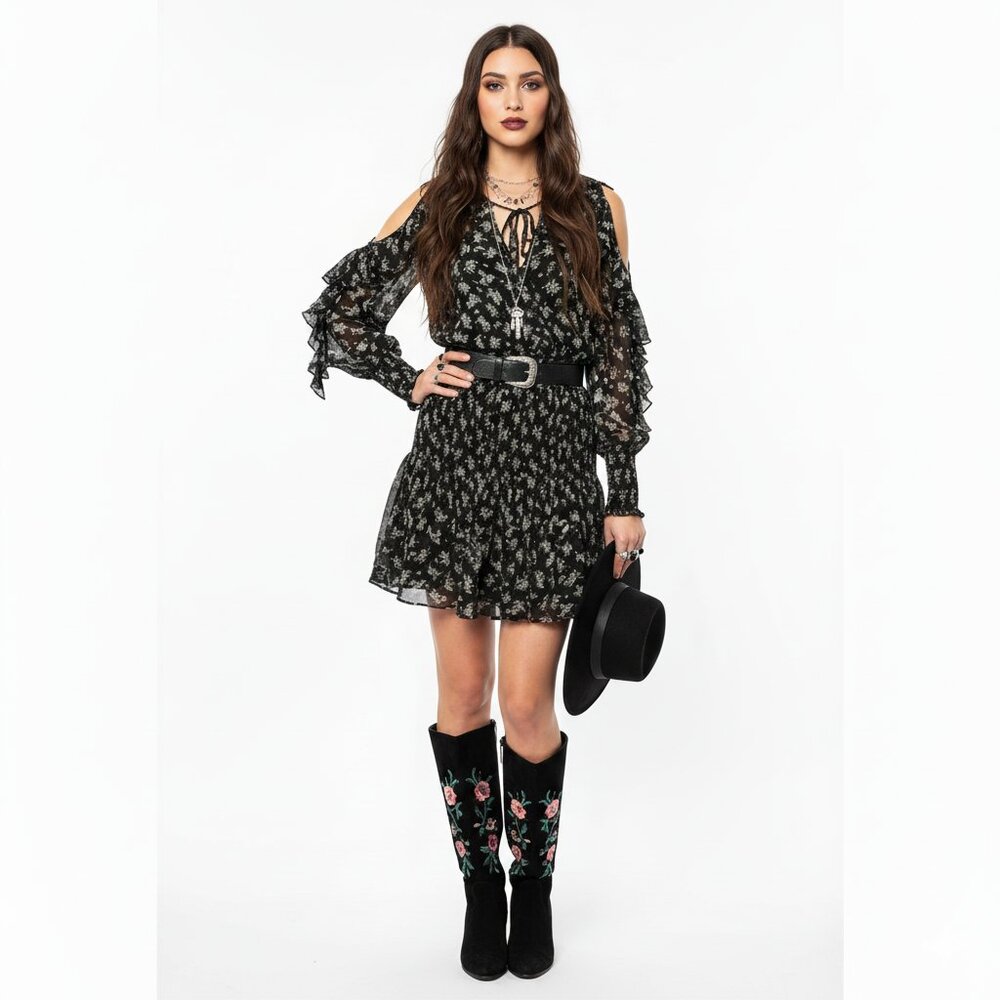 Blue Life Dark Floral Smocked Sheer Long Sleeve Romper Medium Boho Chic Romance